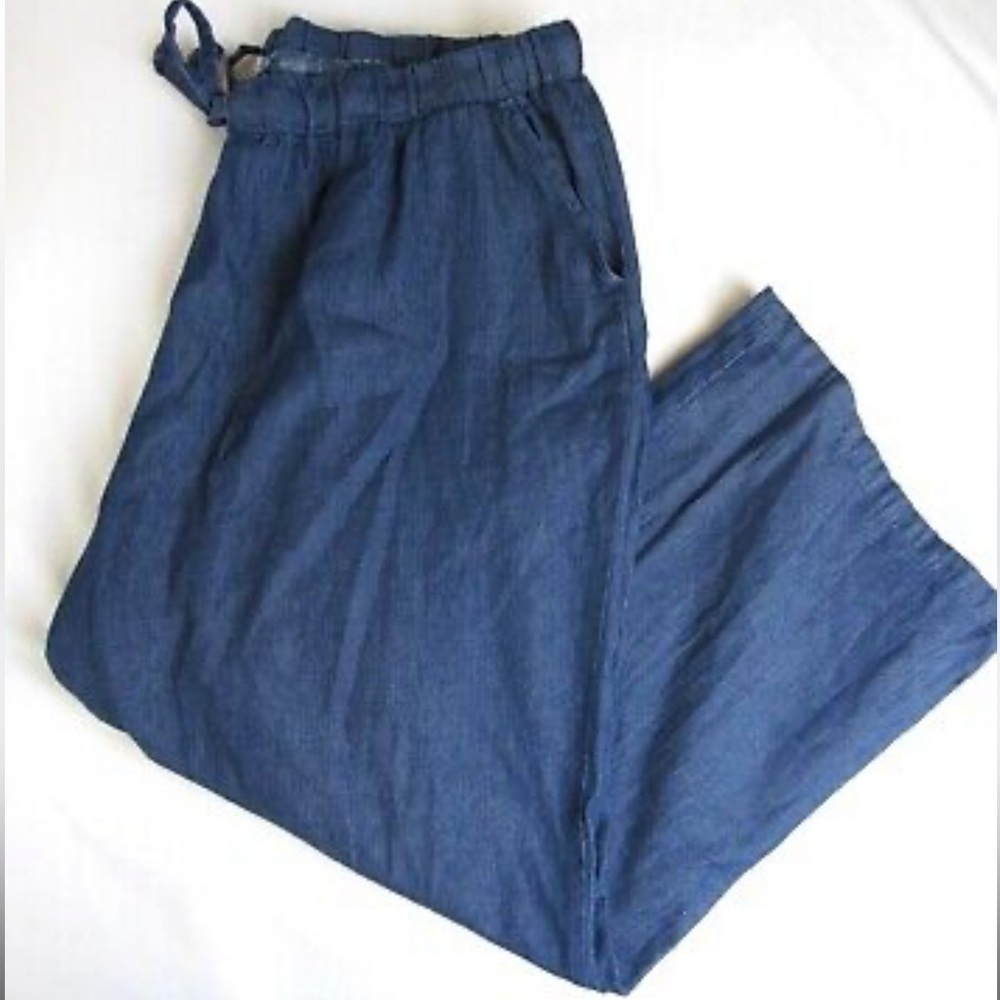 Woman Within Pants Wide Leg Elastic Waist Drawstring Denim Blue 100% Cotton 26WP